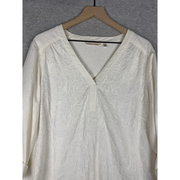 Soft Surroundings Shirt Womens 1X Beige Embroidered Linen Blend Preppy - Picture 2 of 10